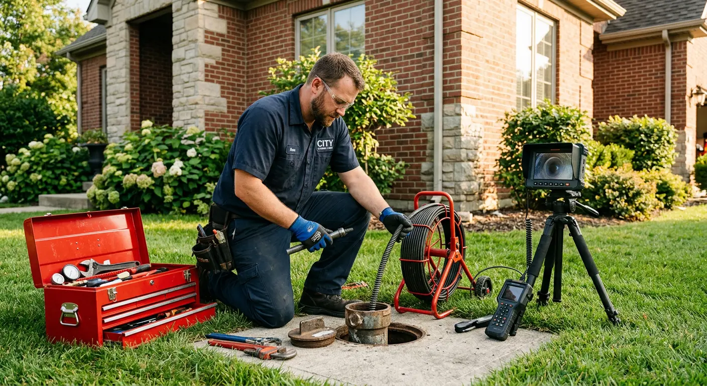Sewer specialist with camera equipment servicing a cleanout in Wasilla