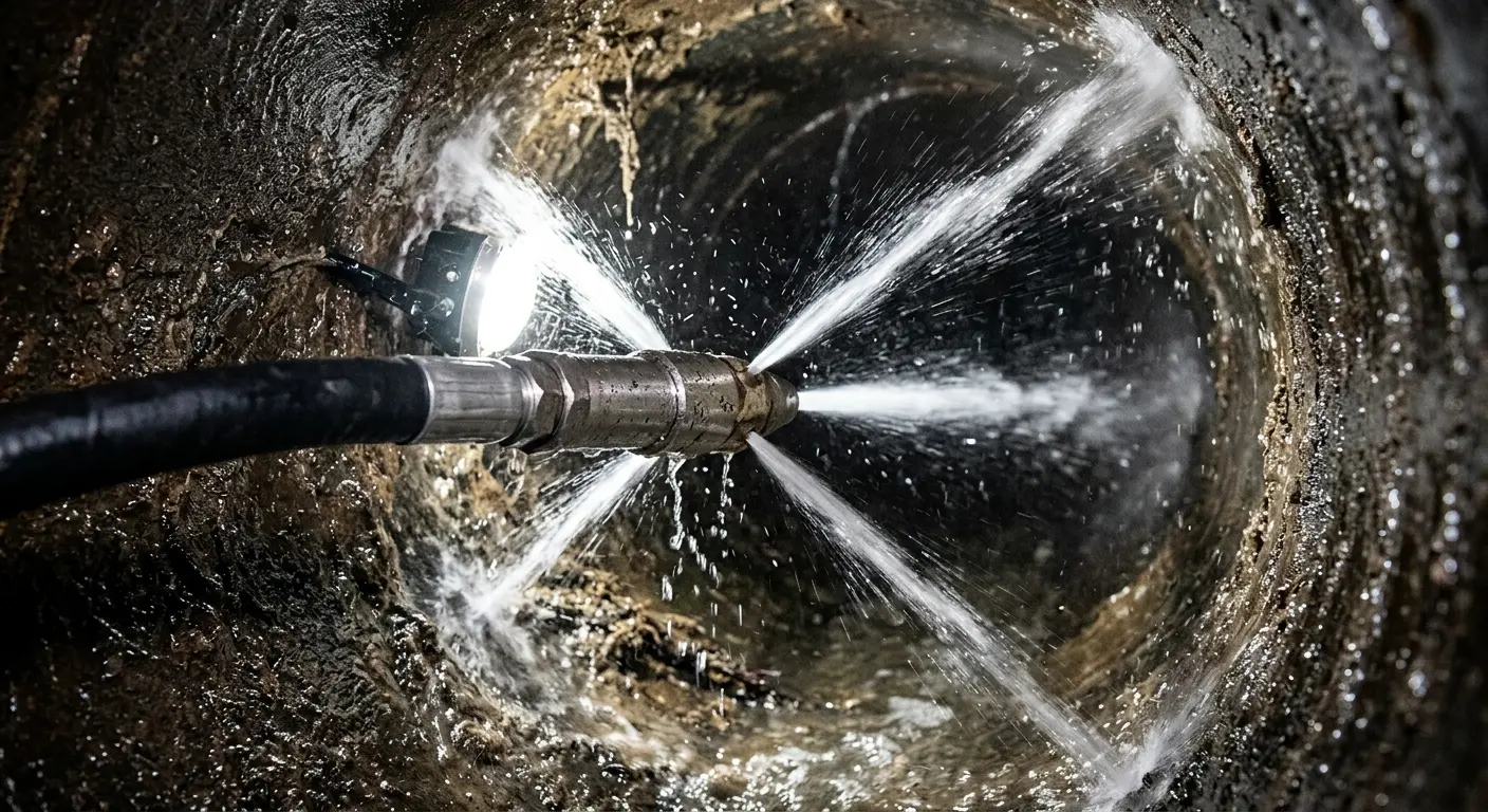 High-pressure hydro jetting nozzle cleaning sewer pipe for Sewer Cleanout in Wasilla
