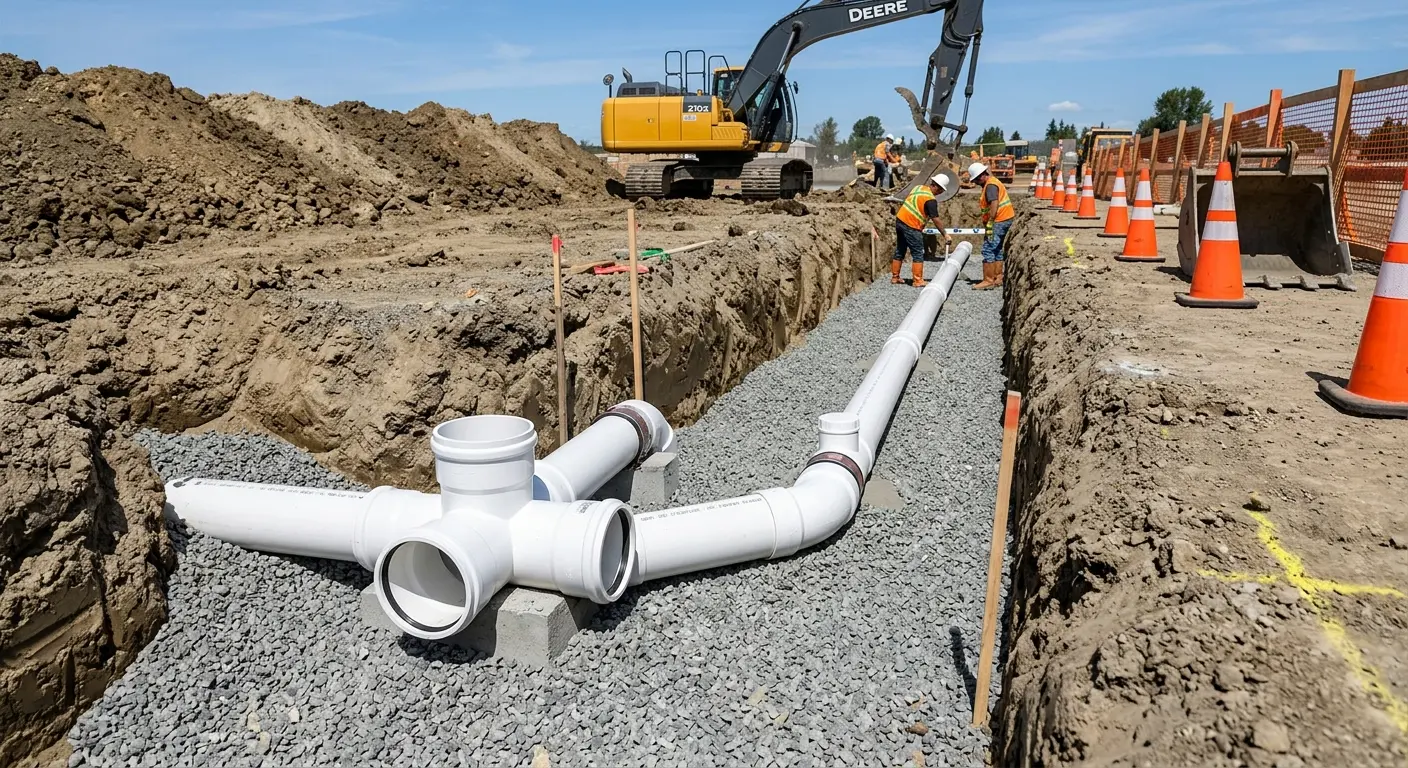 New PVC sewer pipe installation in open trench for Grease Trap Cleaning in Wasilla