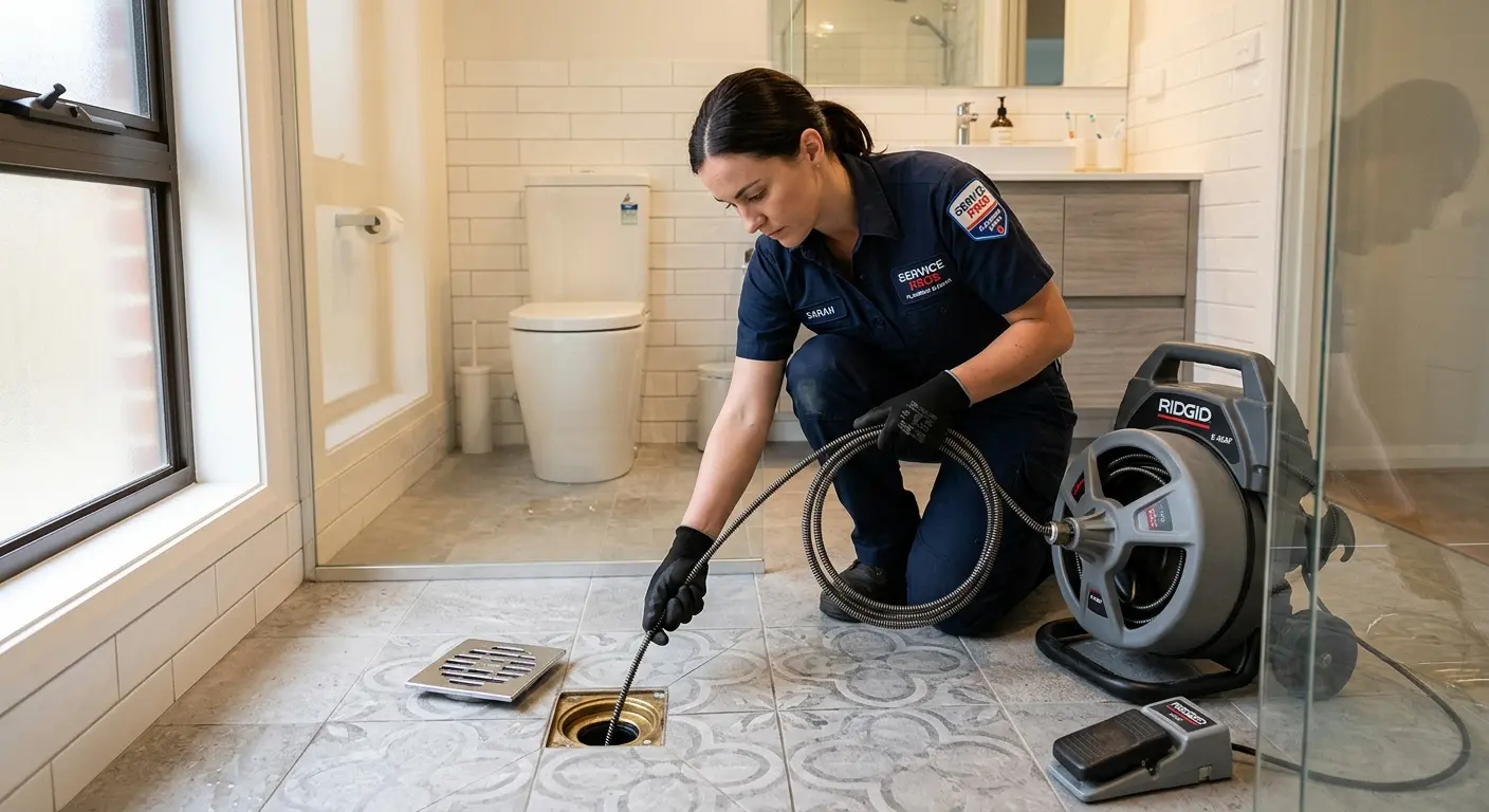 Technician clearing a bathroom floor drain for Hydro Jetting in Wasilla